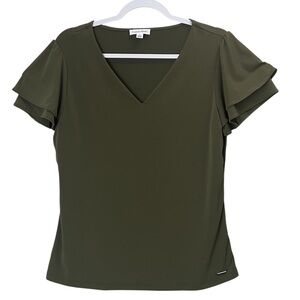 Calvin Klein Women's Top Olive Green Sz Large Blouse Double Tier Short Sleeve